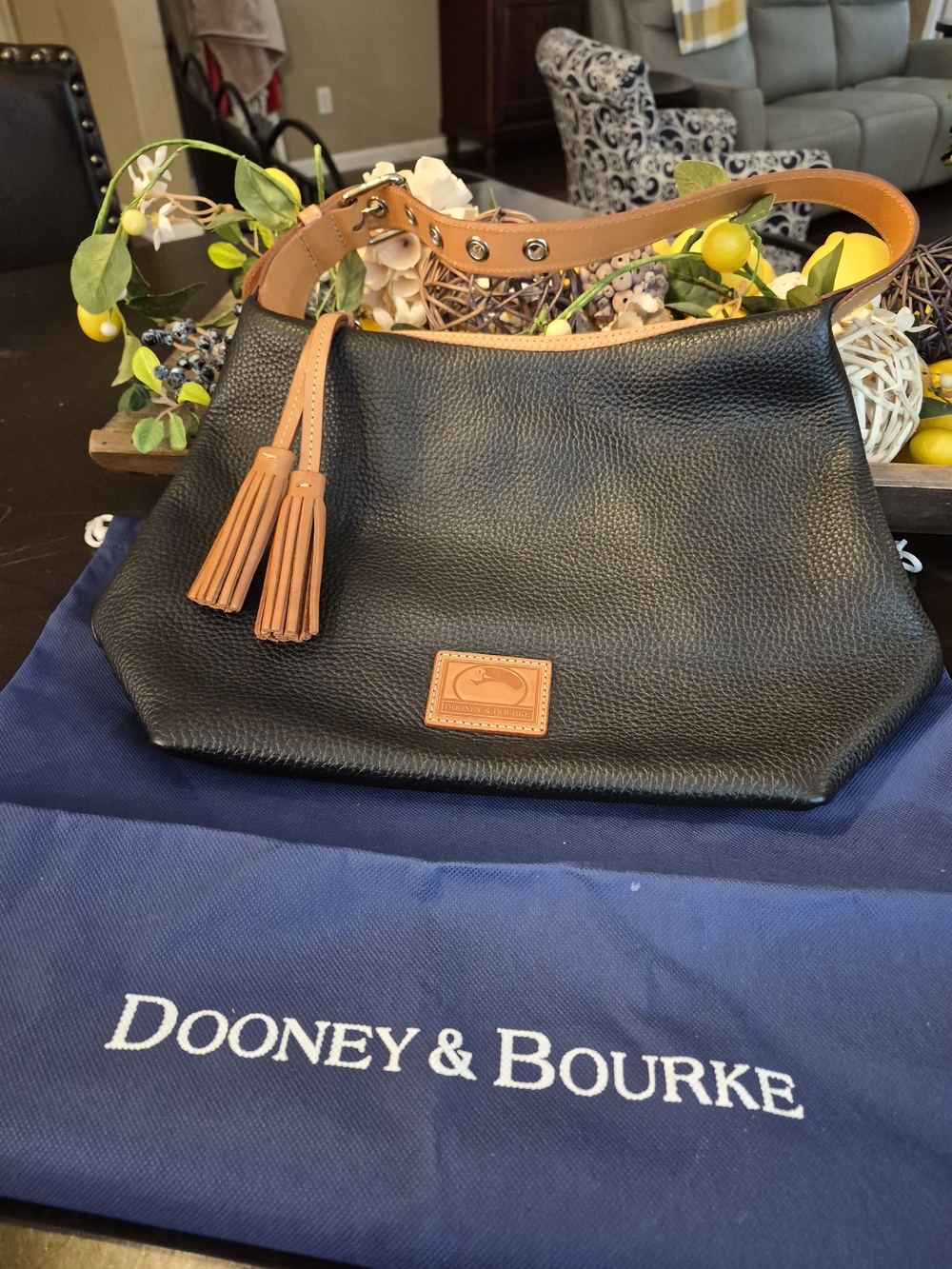 Dooney & Bourke Black Pebbled Leather Hobo with Tan Trim